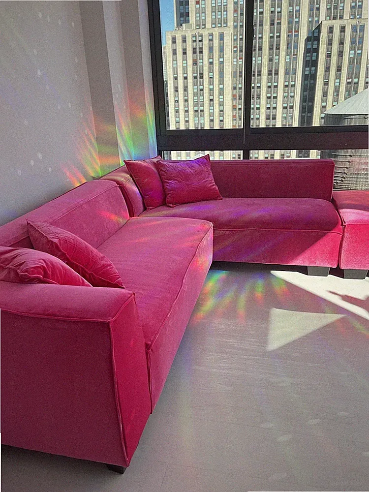 Pink Velvet Sectional Sofa with Ottoman