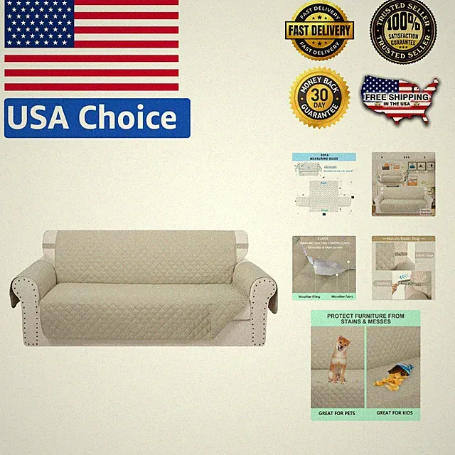 Pinsonic Quilted Beige Sofa Cover - Non-Slip Reversible & Machine Washable