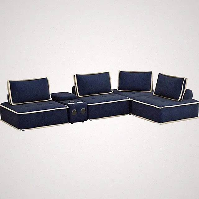 Pixie 5Pc Modular Sectional Sofa/Speaker Console USB Storage/Blue/Cream Fabric