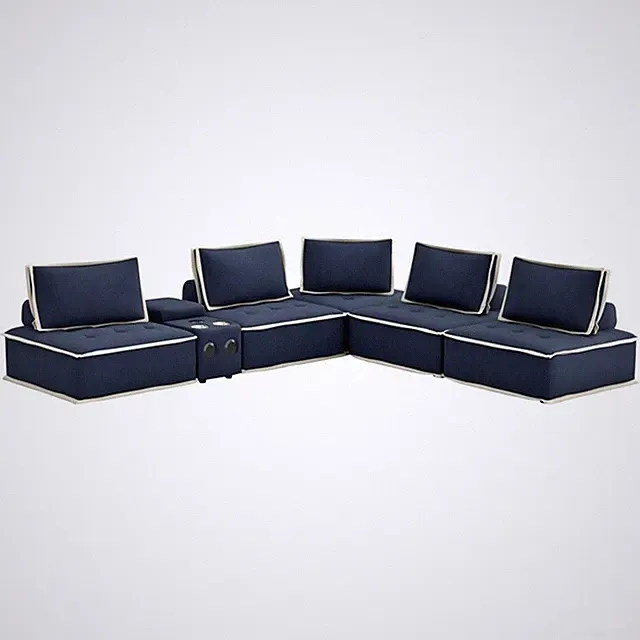 Pixie 6Pc Sectional Module Sofa/Speaker Console USB Storage/Blue/Cream Fabric