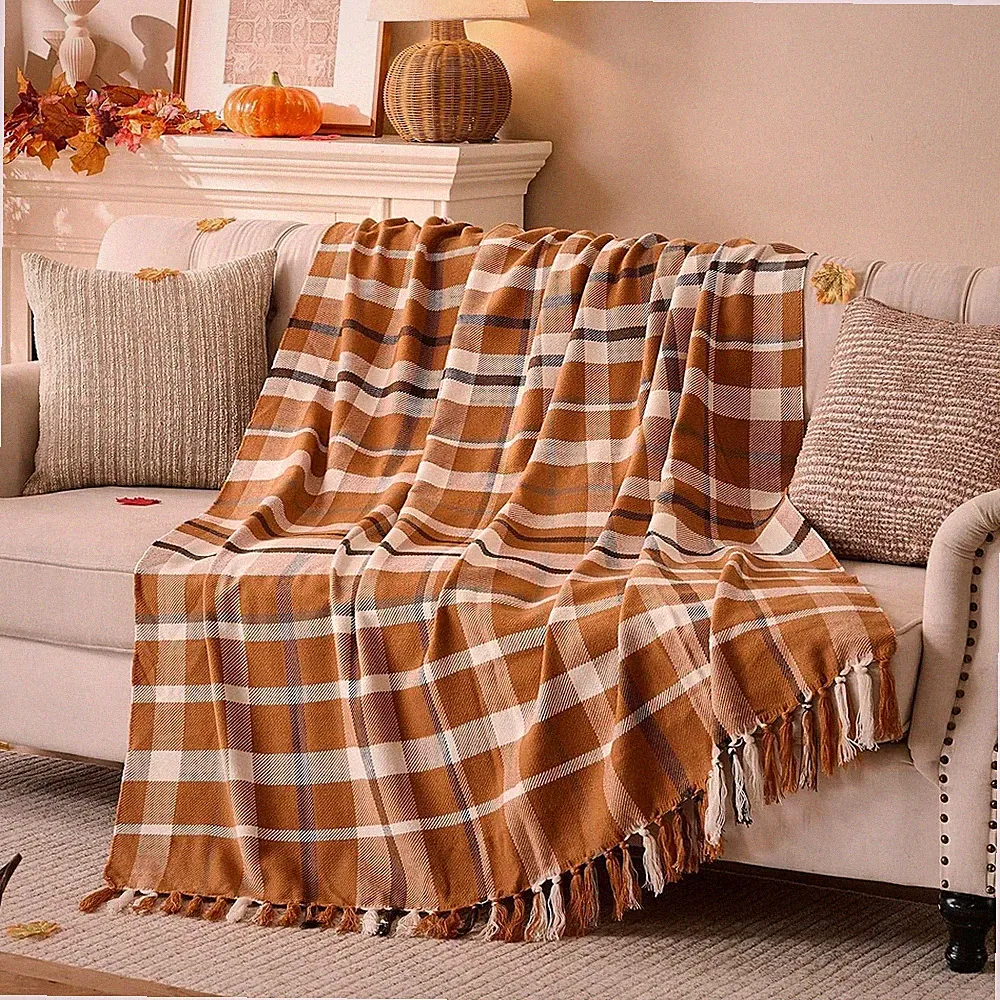 Plaid Khaki Fall Cozy Soft Checked Throw Blanket for Sofa Bed