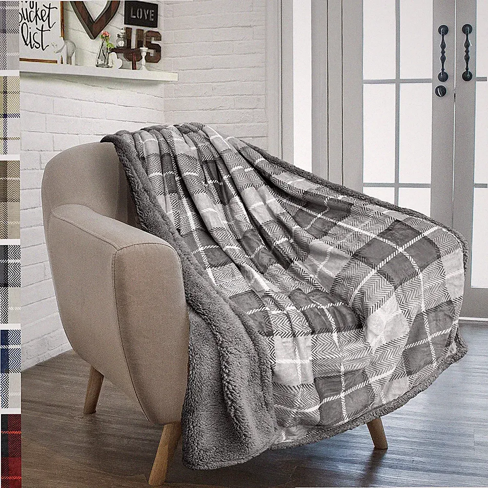 Plaid Throw Blanket for Couch Sofa Bed Sherpa Fleece Soft Microfiber Reversible