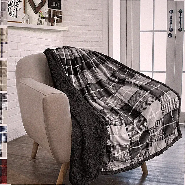 Plaid Throw Blanket for Couch Sofa Bed Sherpa Fleece Soft Microfiber Reversible