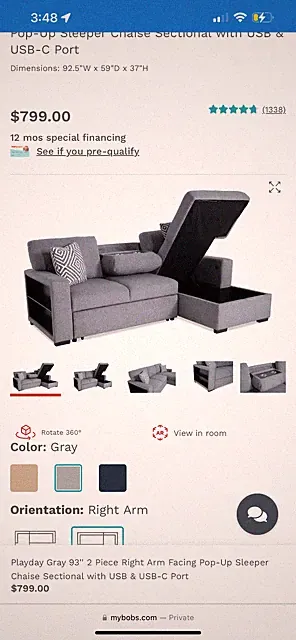 playday sectional with chaise, shelves, cup holder, and storage