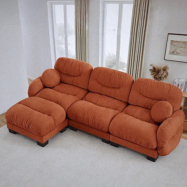 Pleated Design Cozy Chenille Fabric 3 Seater Modular Sofa w/High-Density E
