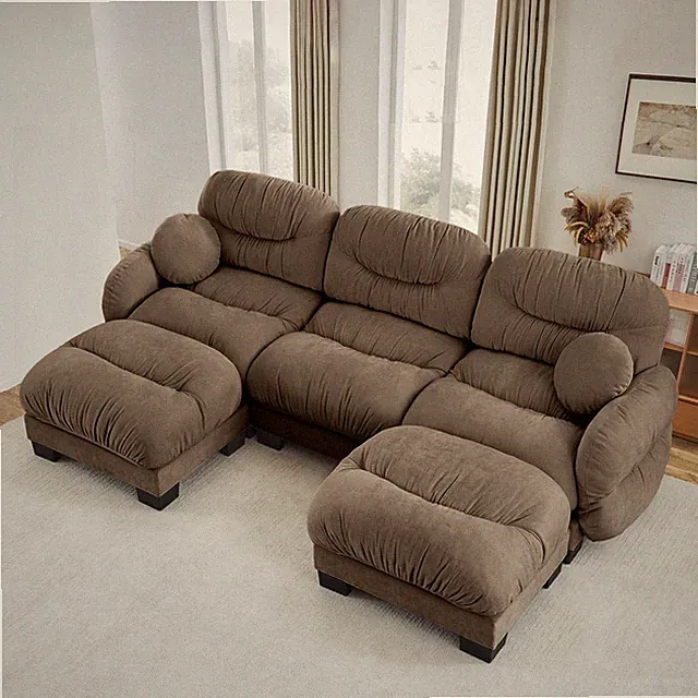 Pleated Design Cozy Chenille Fabric 3 Seater Modular Sofa w/High-Density Erg
