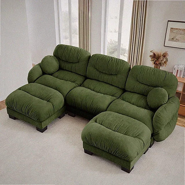 Pleated Design Cozy Chenille Fabric 3 Seater Modular Sofa w/High-Density Ergo