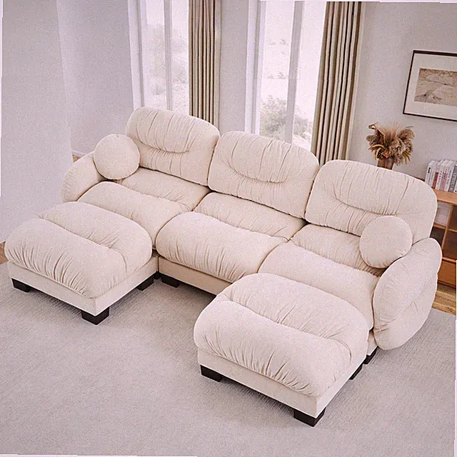 Pleated Design Cozy Chenille Fabric 3 Seater Modular Sofa w/High-Density Ergono
