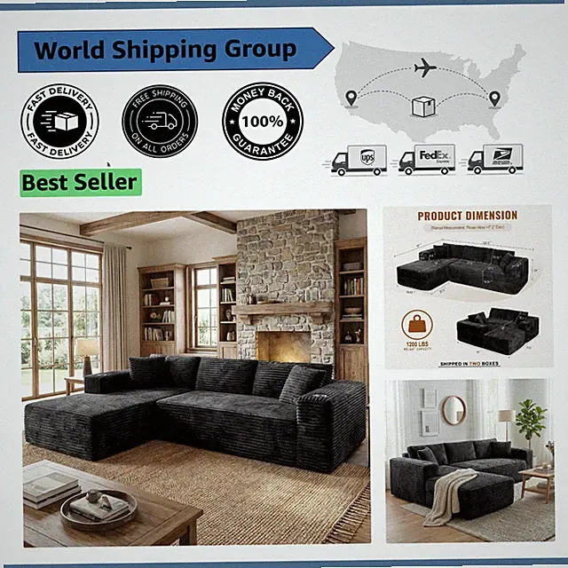Plush 103" Corduroy Modular Sofa with Chaise & Cup Holders - Effortless Comfort