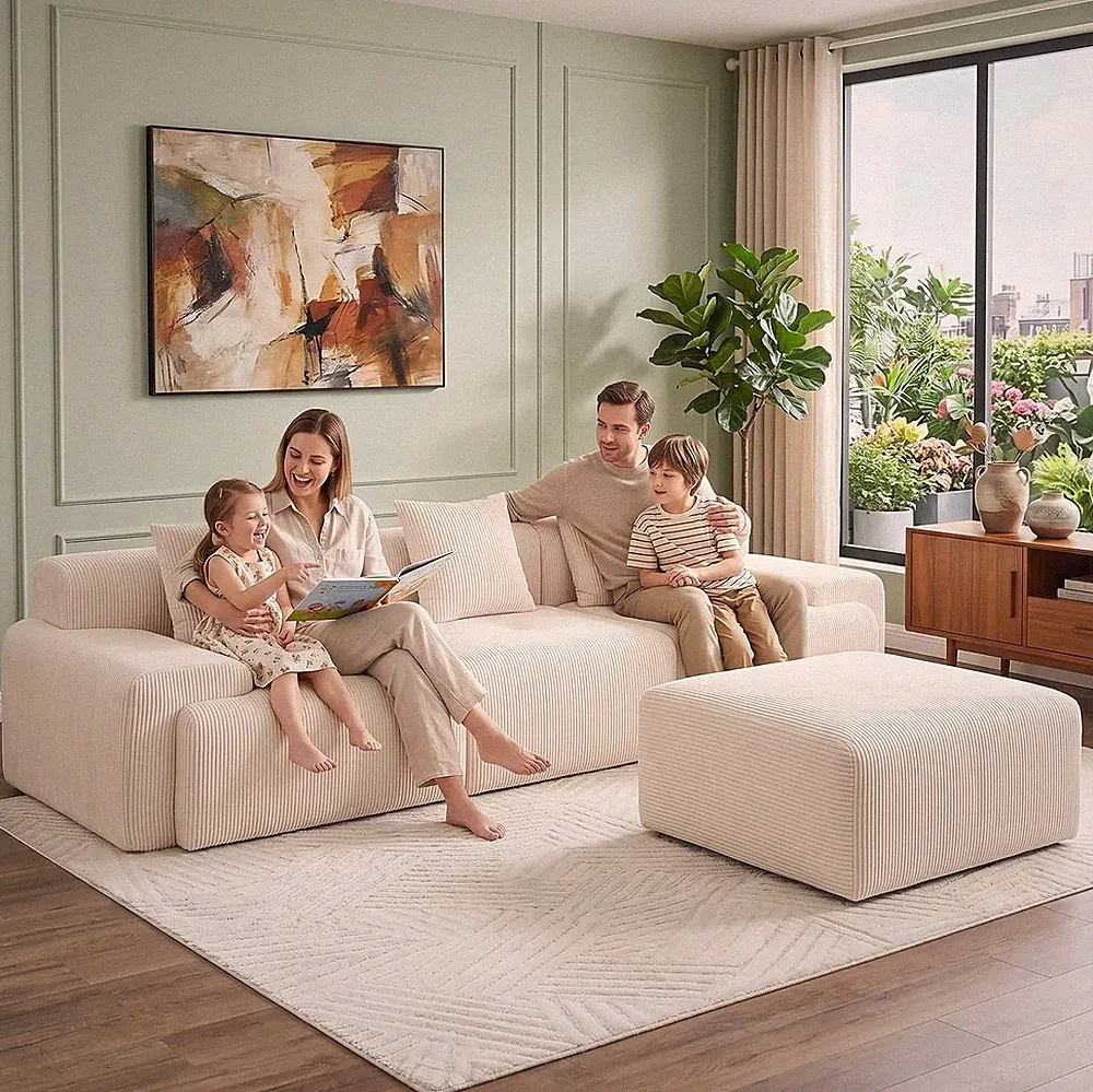 Plush Corduroy 118" Modular Sectional Sofa Modern Boneless L-Shaped Cloud Couch
