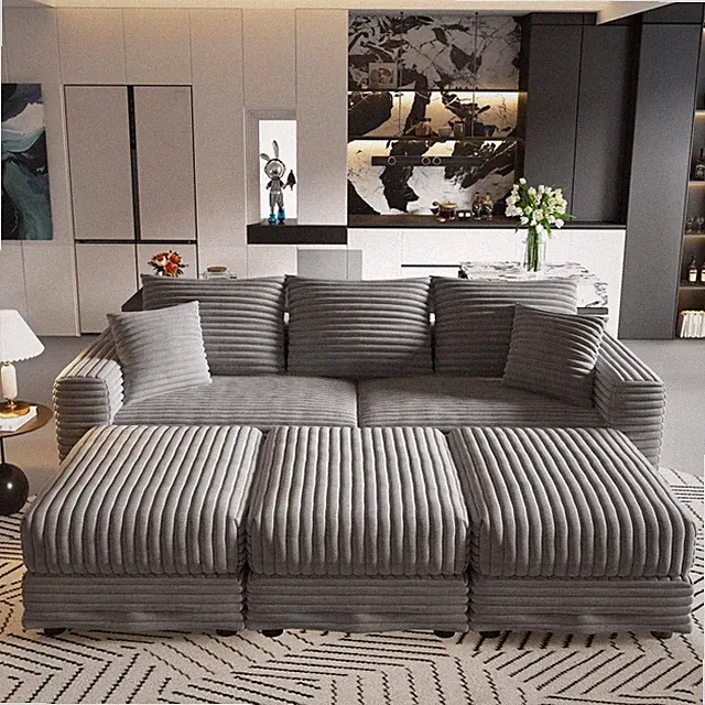 Plush Corduroy 3-Seat Sofa w/ 3 Ottomans,Convertible Lounge Chair,Grey Sofa