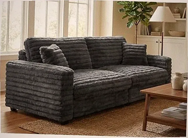 Plush Corduroy Loveseat Sofa, Fluffy Love Seat Sectional Couch, Oversized Grey