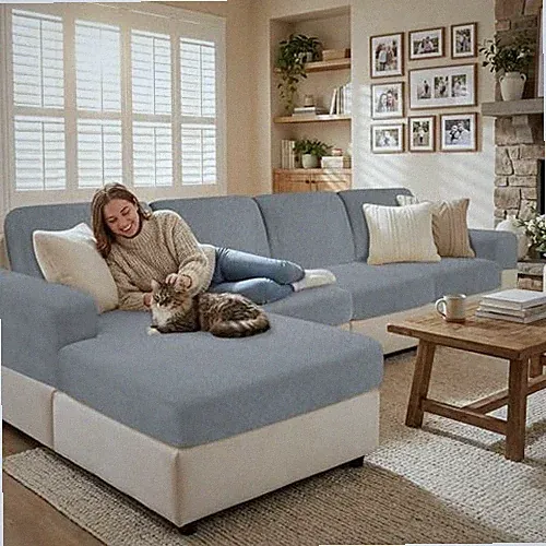 Plush Couch Cushion Covers, Washable Anti-Slip Chaise Cover Plush Light Gray