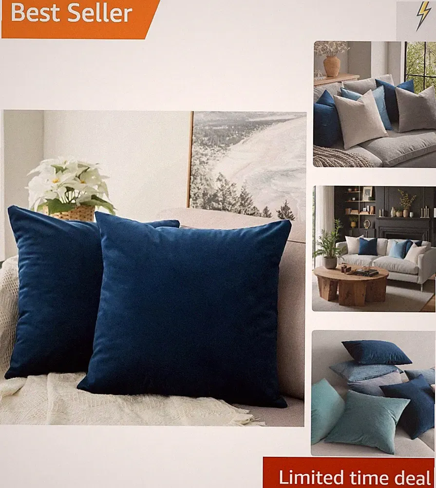 Plush Dark Blue Velvet Throw Pillow Covers, 20x20 Inch, Perfect for Sofa & Bed