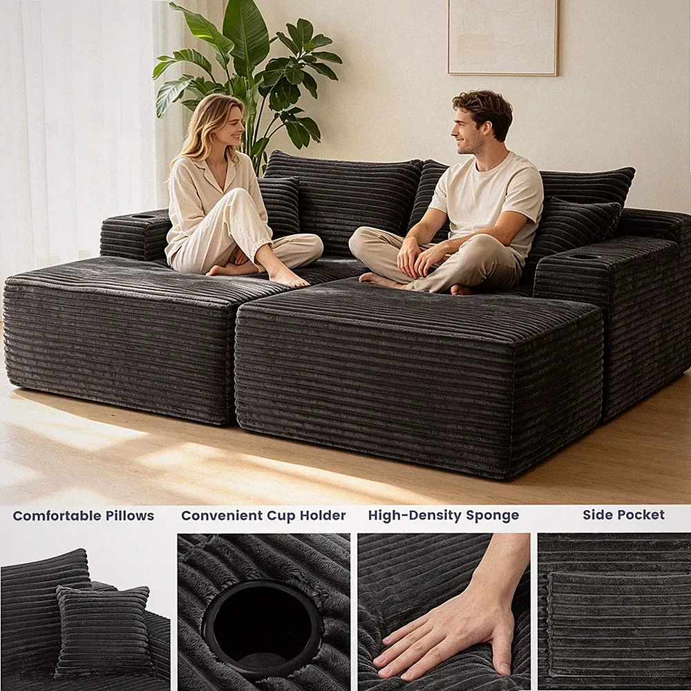 Plush Fabric Modern Sectional Sofa with Double Chaise & 2 Cup Holders 4 Pillows