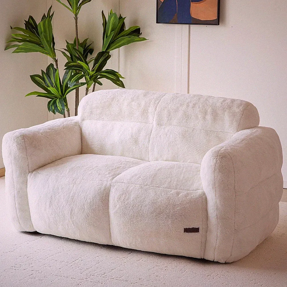 Plush Faux Fur Loveseat Sofa 2-Seater Ivory 500lb Capacity No Assembly