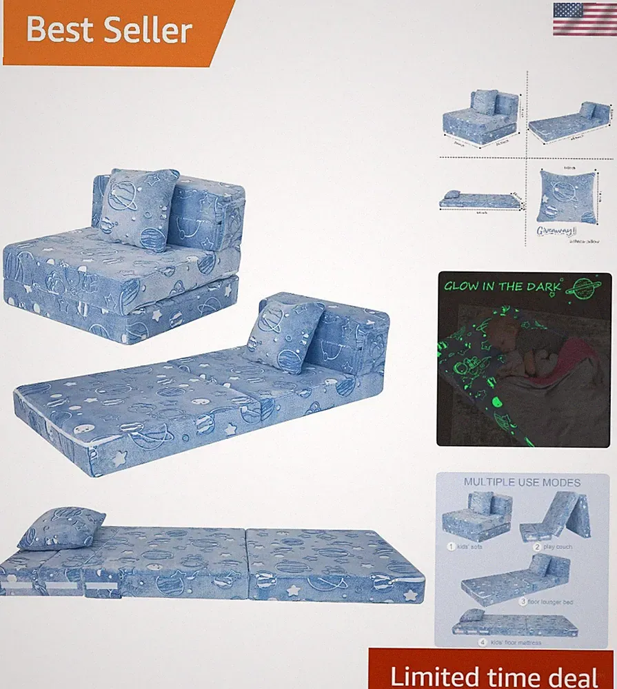 Plush Glow Space Tri-fold Sofa Bed - Cozy Kids' Folding Bed with Stars & Planets