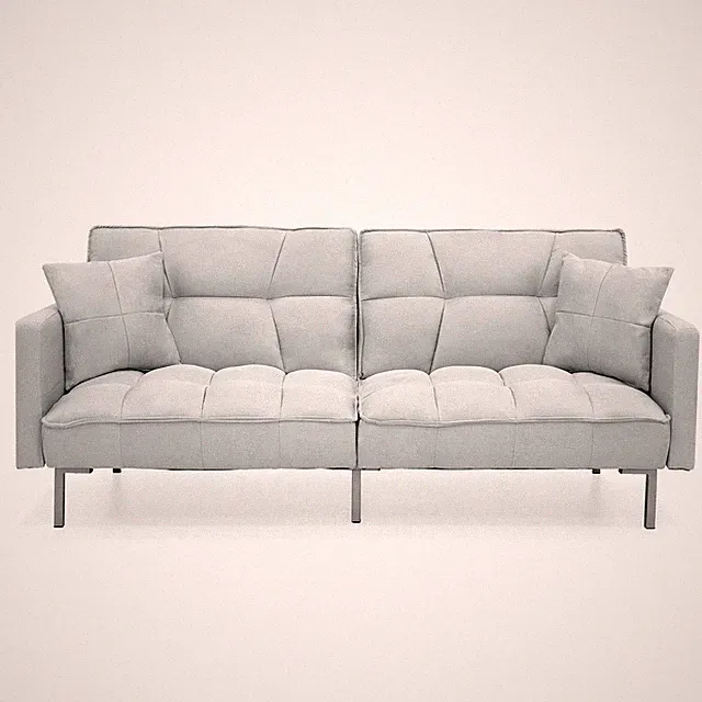 Plush Gray Split-Back Design Convertible Linen Tufted Futon w/ 2 Pillows