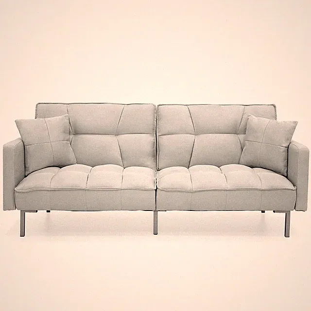 Plush Gray Split-Back Design Convertible Linen Tufted Futon w/ 2 Pillows
