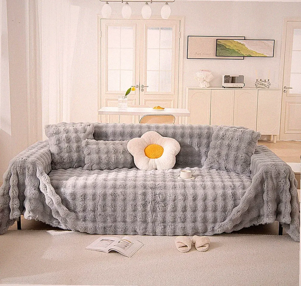 Plush Grey Faux Rabbit Fur Couch Cover - Soft & Warm 71" x 118