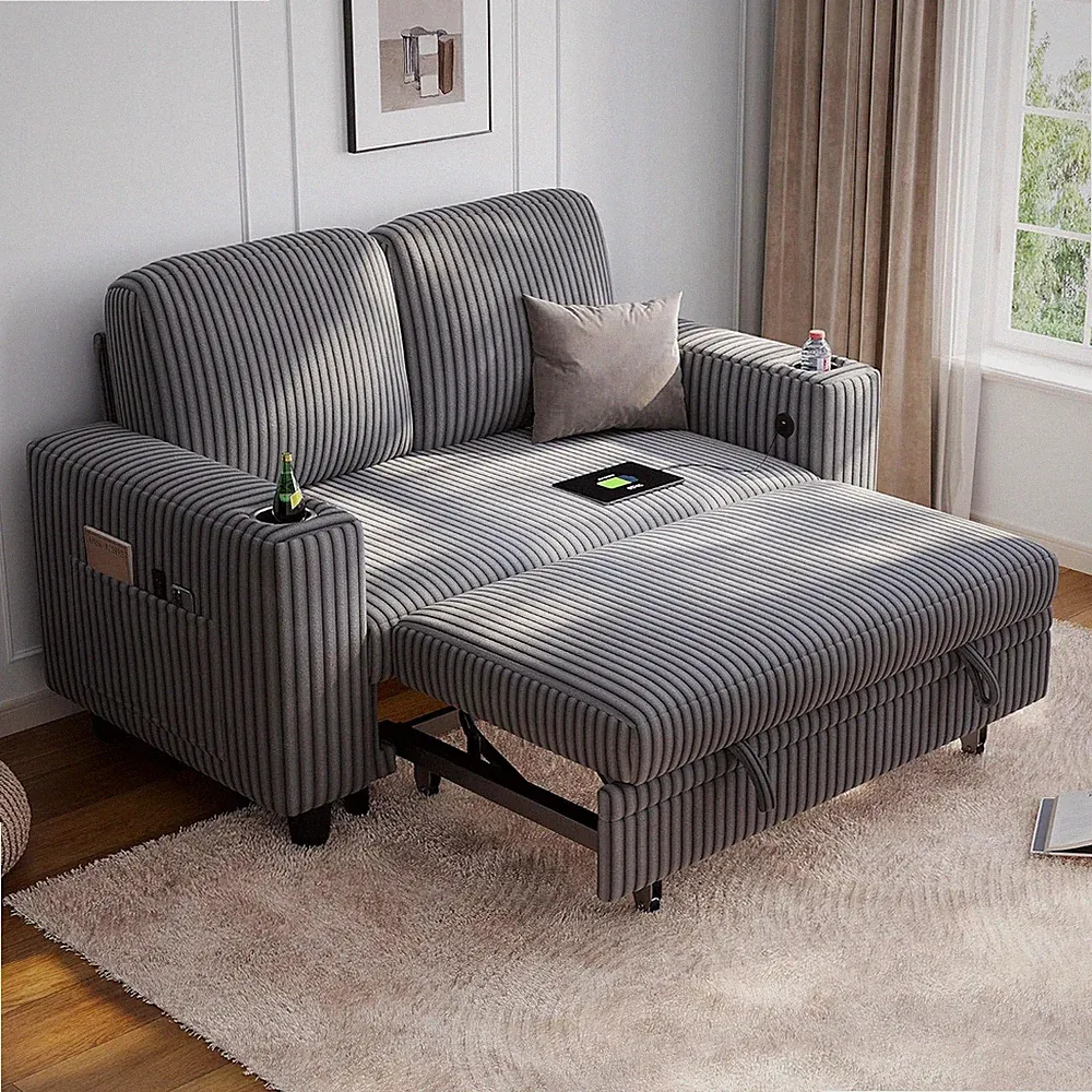 Plush Grey Pull Out Loveseat Sofa - Sleeper Sectional for Living Room & Bedroom