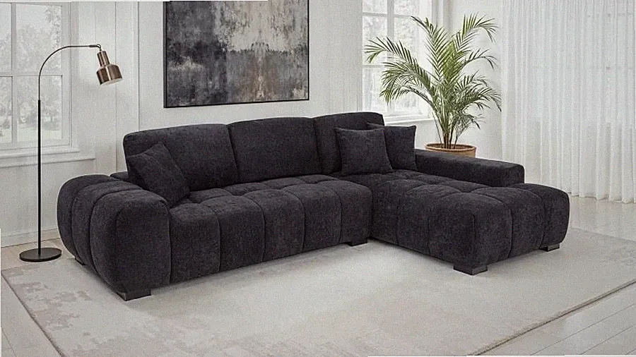 PLUSH L-SHAPED BLACK LOW PROFILE SOFA SECTIONAL LIVING ROOM FURNITURE