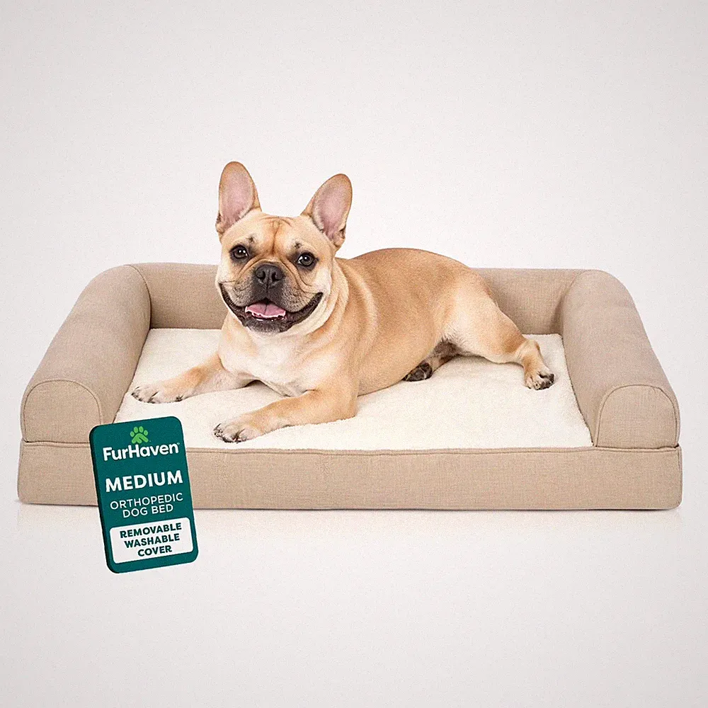Plush & Performance Linen Orthopedic Sofa Pet Bed for Dogs & Cats - Flax, Medium