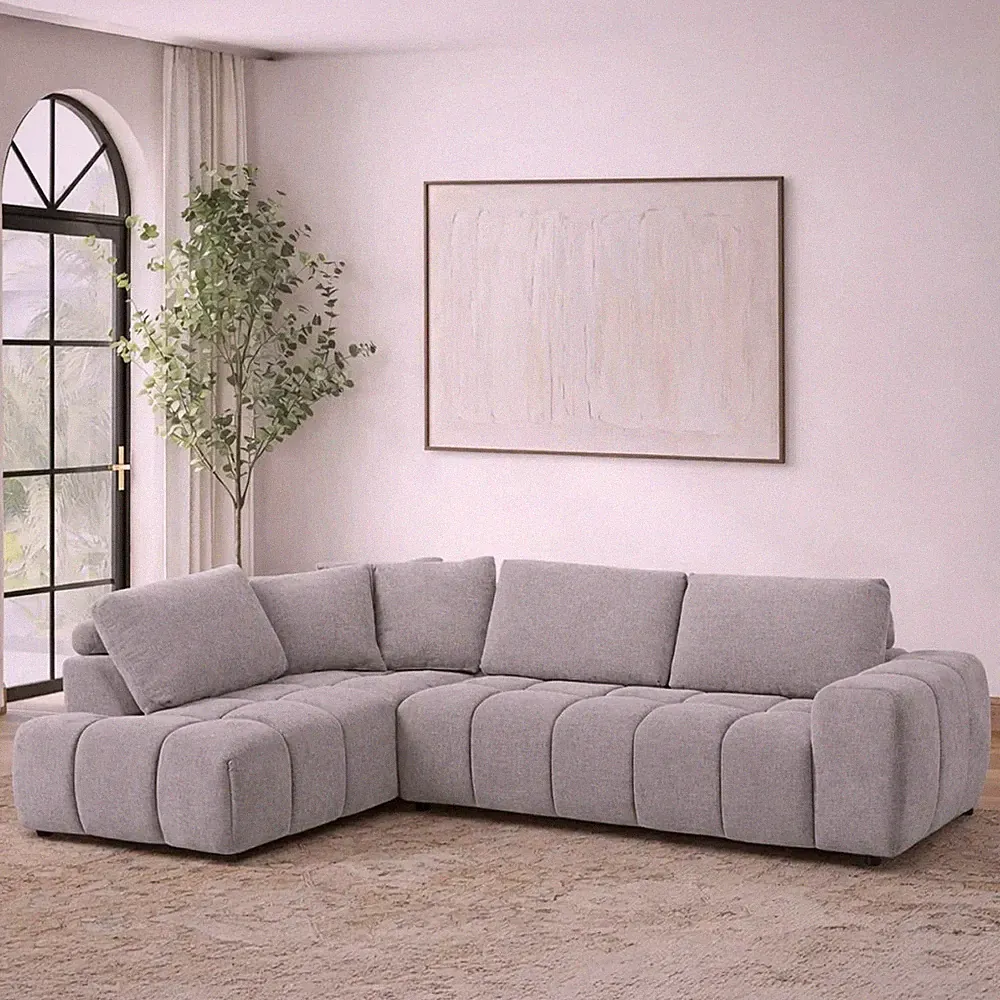Plush Sectional Sofa Fabric Hardwood Frame Coil Seat Cushions 3-Throw Pillows