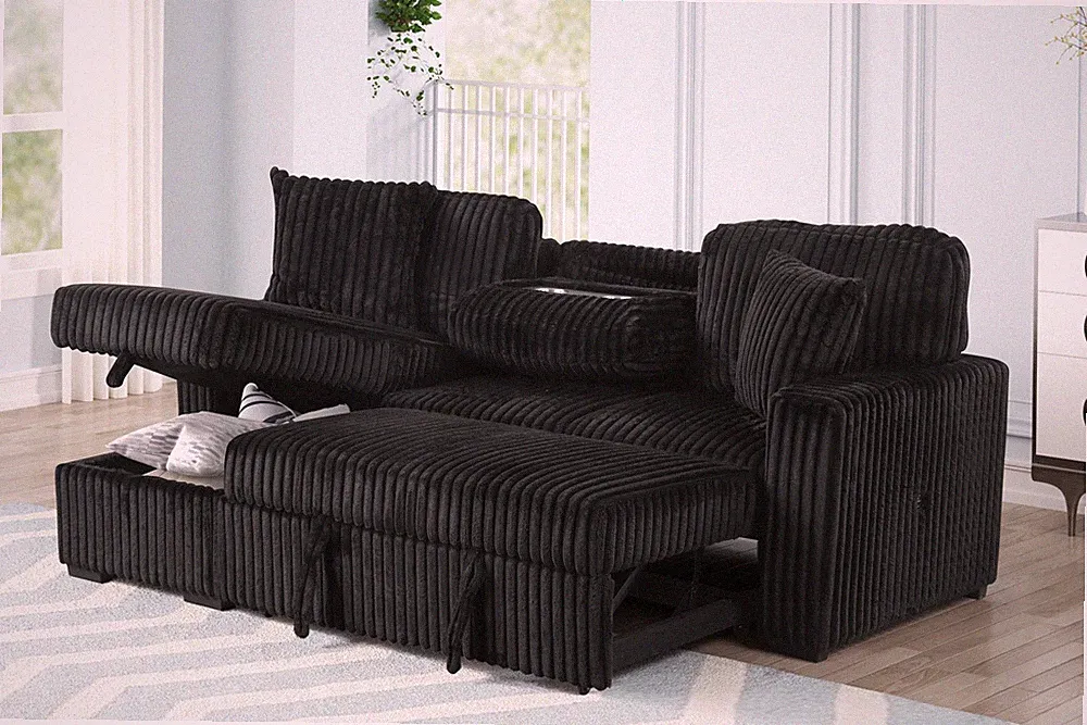 Plush Sectional Sofa W/ Pull Out Sleeper made with Velvet fabric- Black (CA Ware