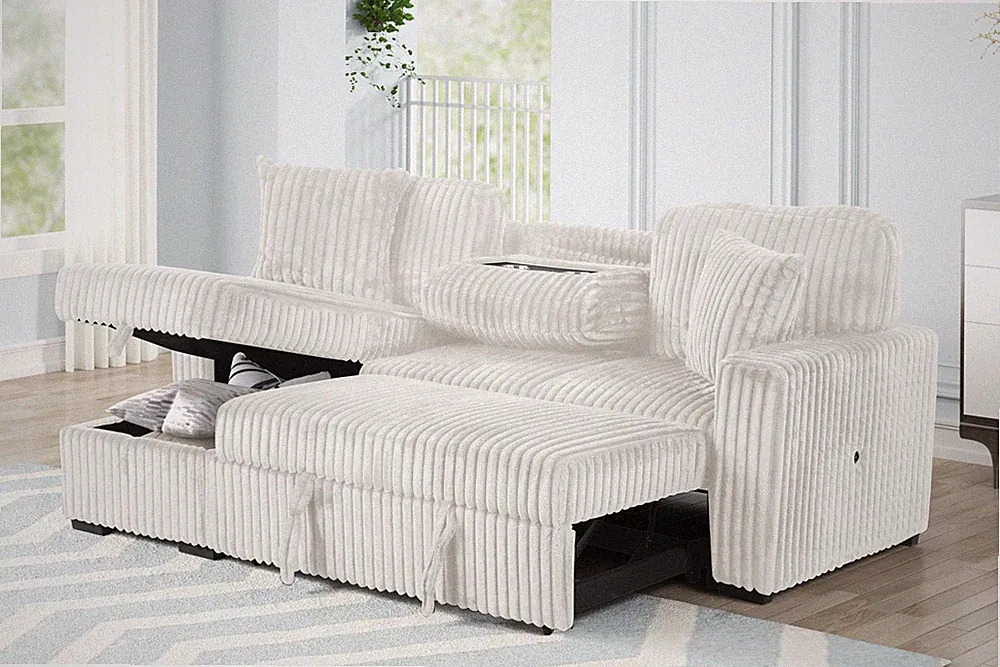 Plush Sectional Sofa W/ Pull Out Sleeper made with Velvet fabric- Cream