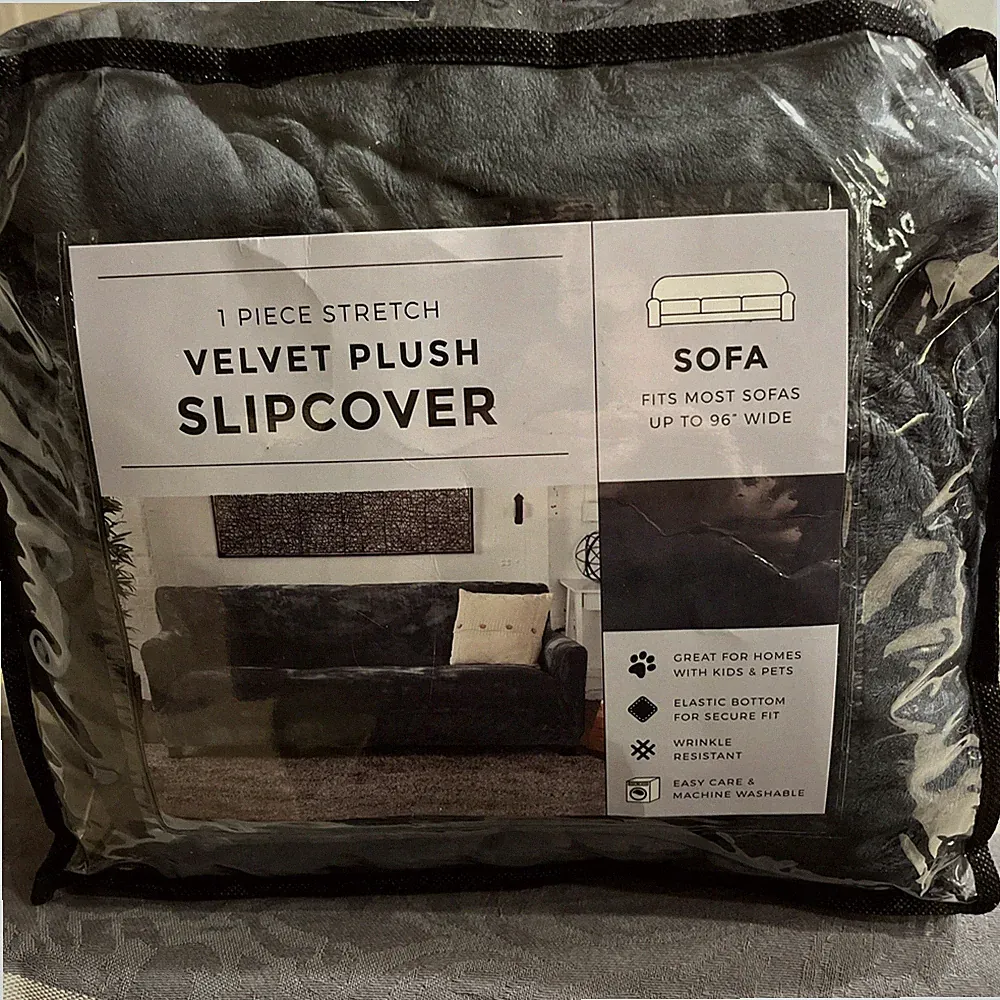 Plush velvet one piece dark gray stretch slipcover for up to 96” wide sofa