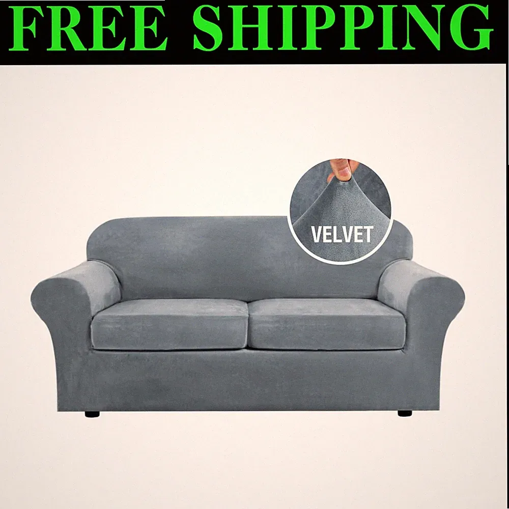 Plush Velvet Sofa Cover Set - Stone Blue/