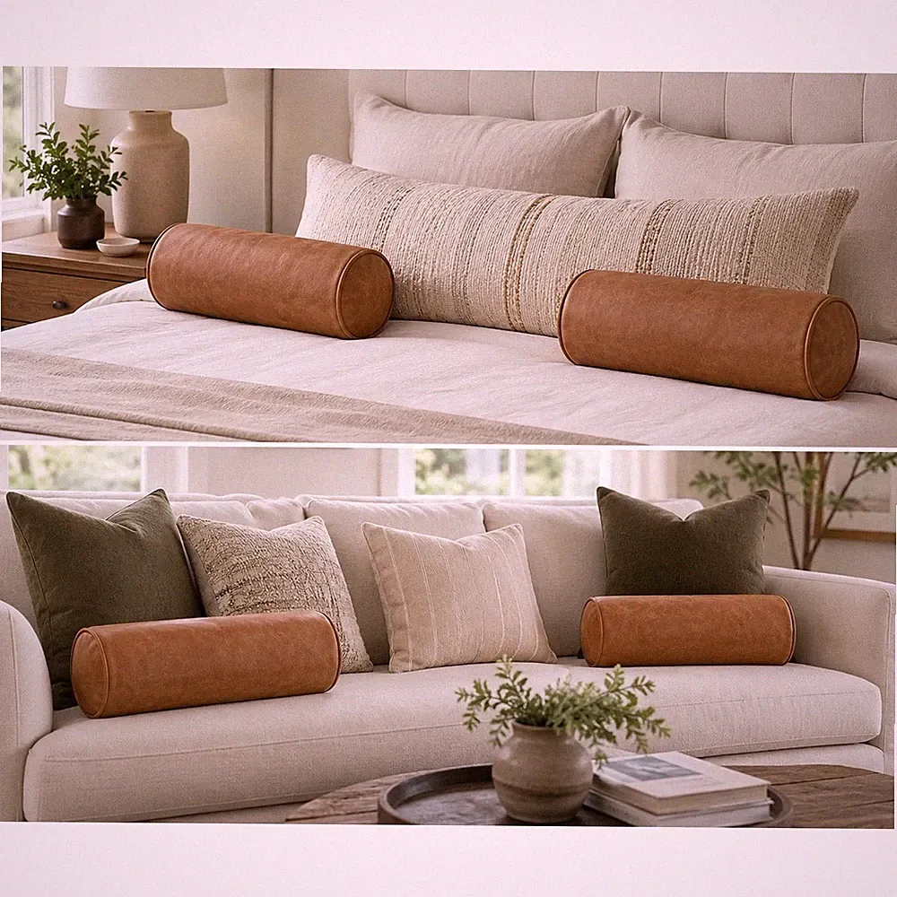 Poly and Bark Cognac Tan Italian Leather Bolster Pillows Set of 2 MCM 21x7.75