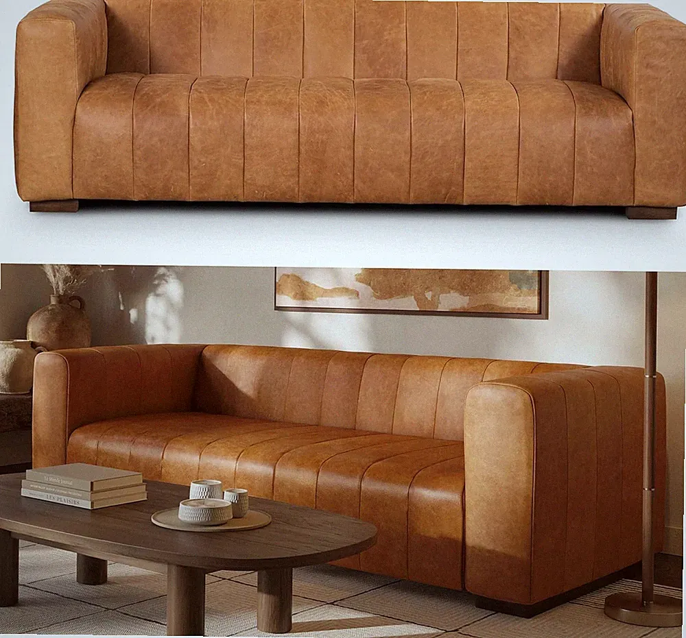 POLY & BARK Canale Sofa – 86" Channel-Tufted Italian Leather Couch – Cognac Tan