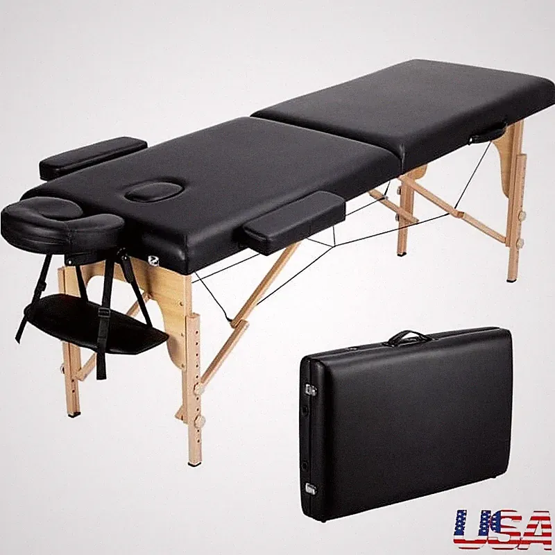 Portable Adjustable Wooden Massage Table Foldable Spa Bed Therapy Couch Black