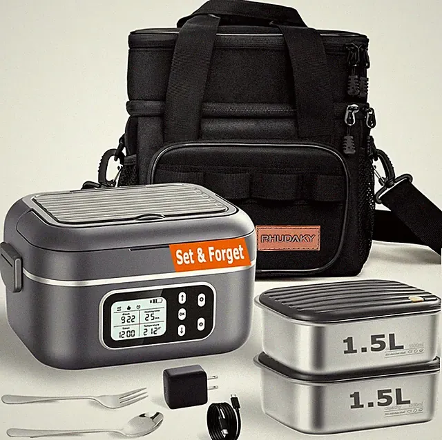 Portable Cordless Electric Heated Lunch Box - 2 Compartments, 6.3 Cups