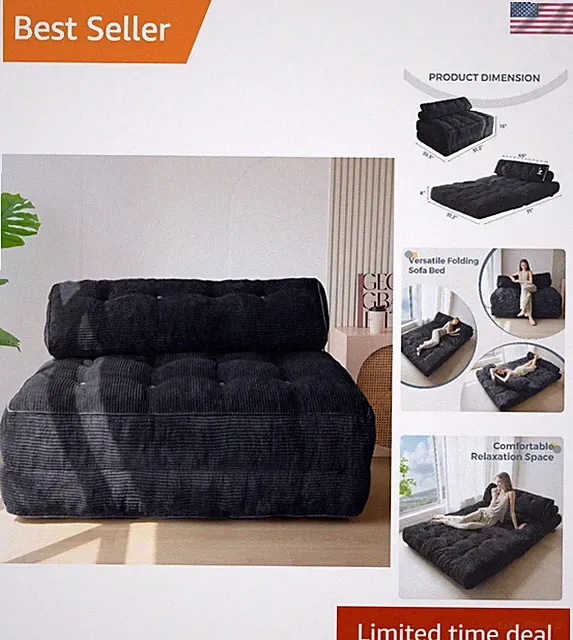 Portable Folding Sofa Bed - Chic Black Design with Back Support and Soft Pillow