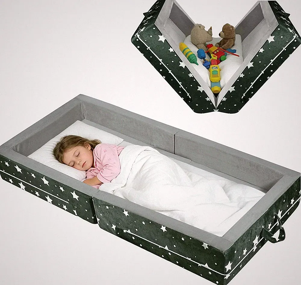 Portable Toddler Travel Bed - Foldable Foam Bed & Storage Box, Grey
