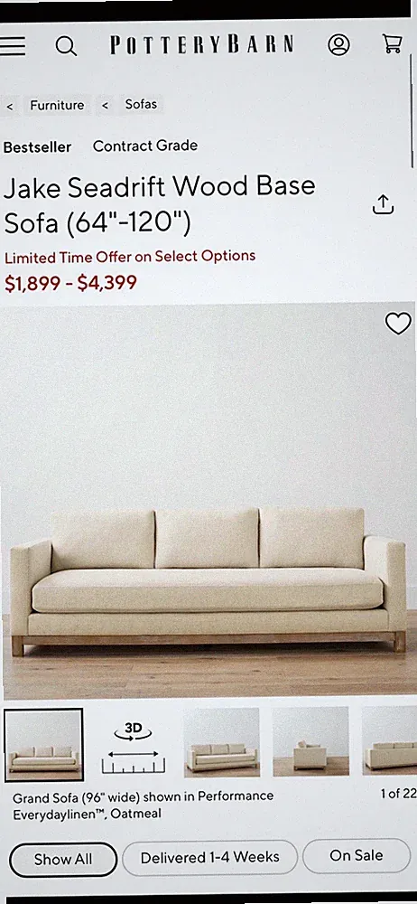 Pottery Barn Jake Seadrift Wood Base Sofa, Beige Solid Fabric, Track Arms 96x38