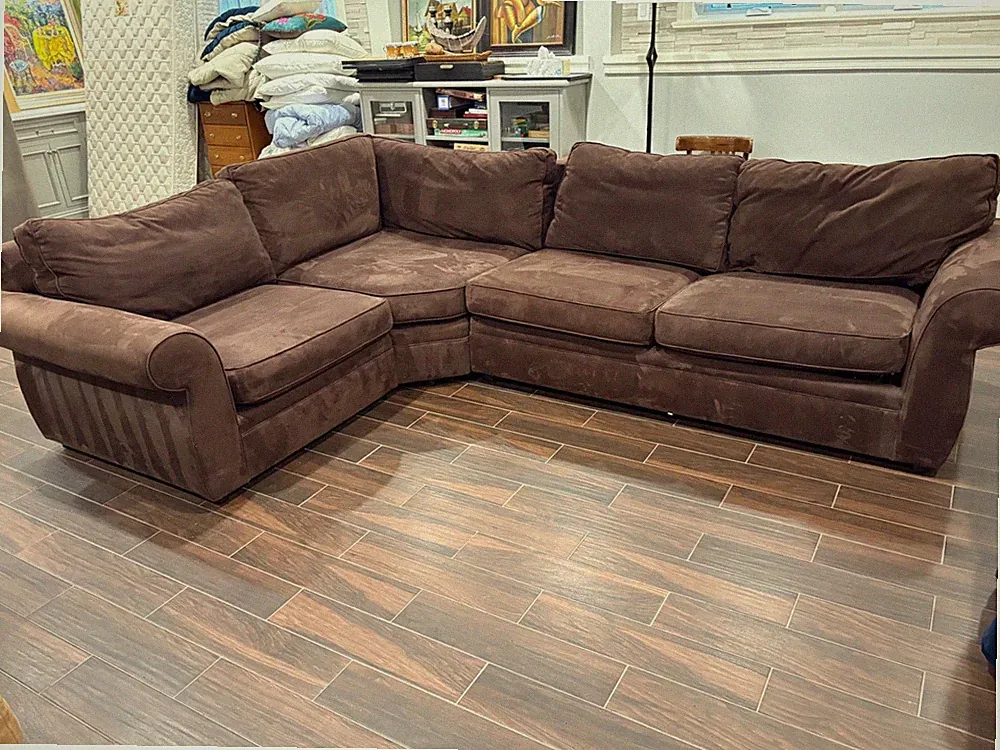 Pottery Barn Pearce Roll Arm 3-Piece Sectional Sleeper Sofa in Performance Suede