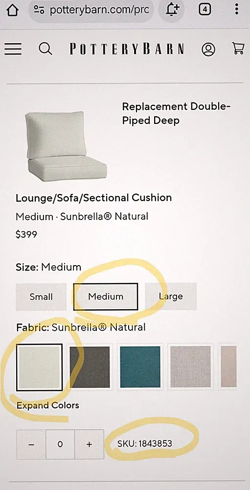 Pottery Barn Replacement Double Piped Medium DEEP seating Lounge Cushion Natural