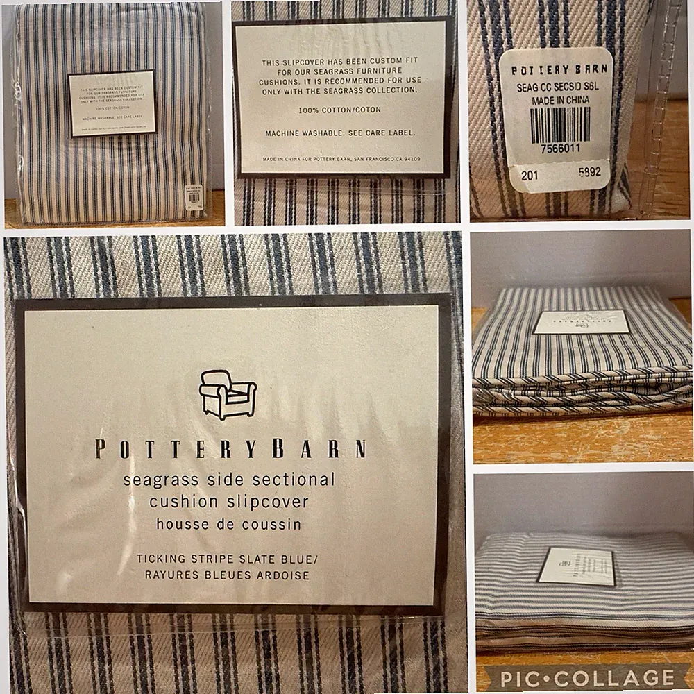 Pottery Barn Seagrass Side Sectional Cushion Slipcover Stripe Slate Blue NEW