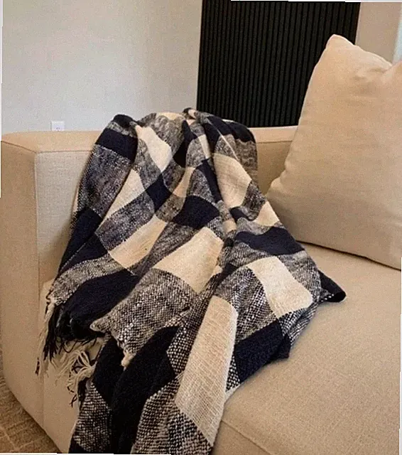 Pottery Barn Throw Blanket Navy White Plaid 100% Cotton Fringe 50x60