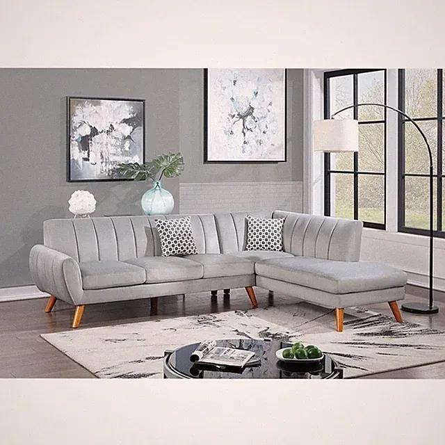 Poundex 2-Piece Velvet Sectional Sofa with Curved Armrest in Light Gray