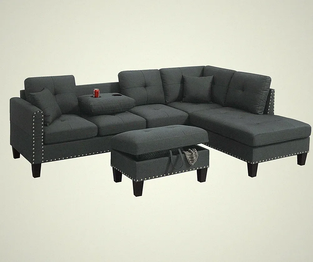 Poundex 3-Piece Charcoal Fabric Upholstered Sectional Sofa Set with Ottoman