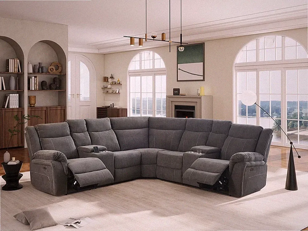 Power Fabric Reclining Sectional Sofa Zero Gravity Recliner Couch w 2 Console