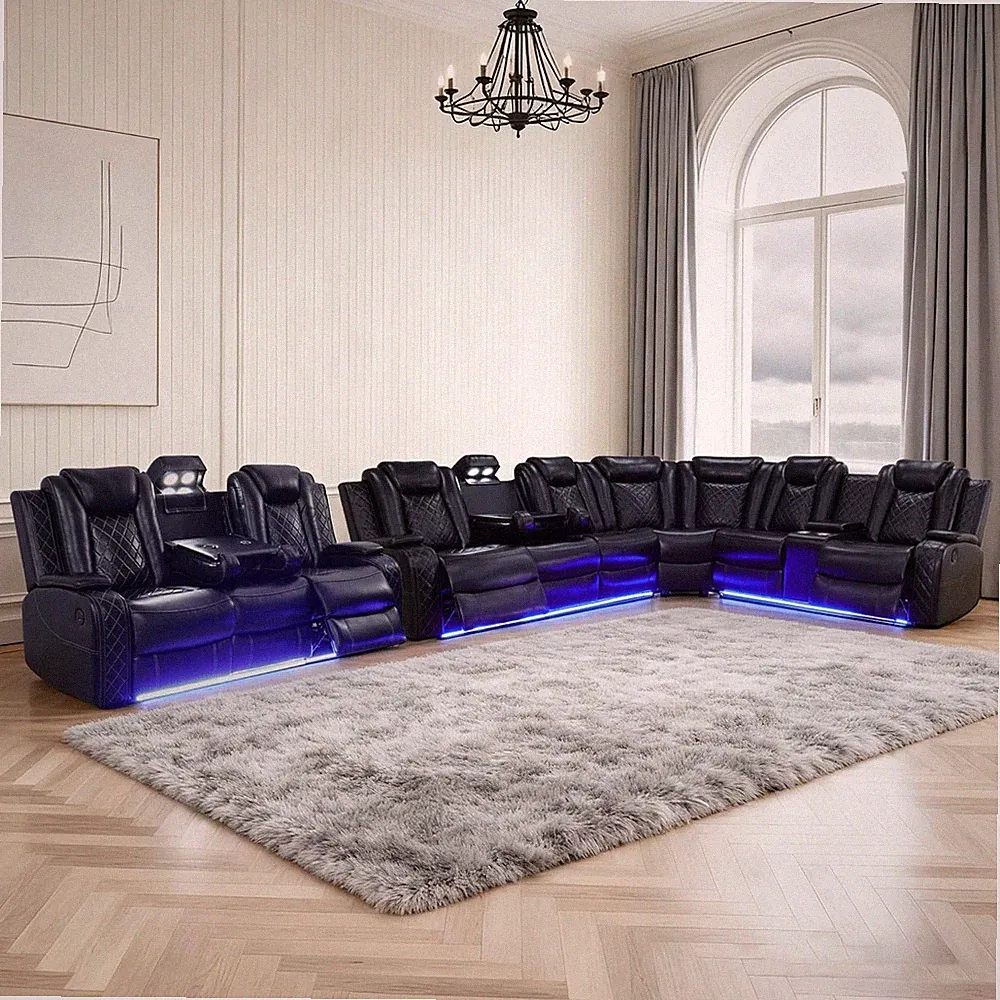 Power Leather Recliner Sectional Sofa Set with LED Lights,L Shaped Reclining Sec