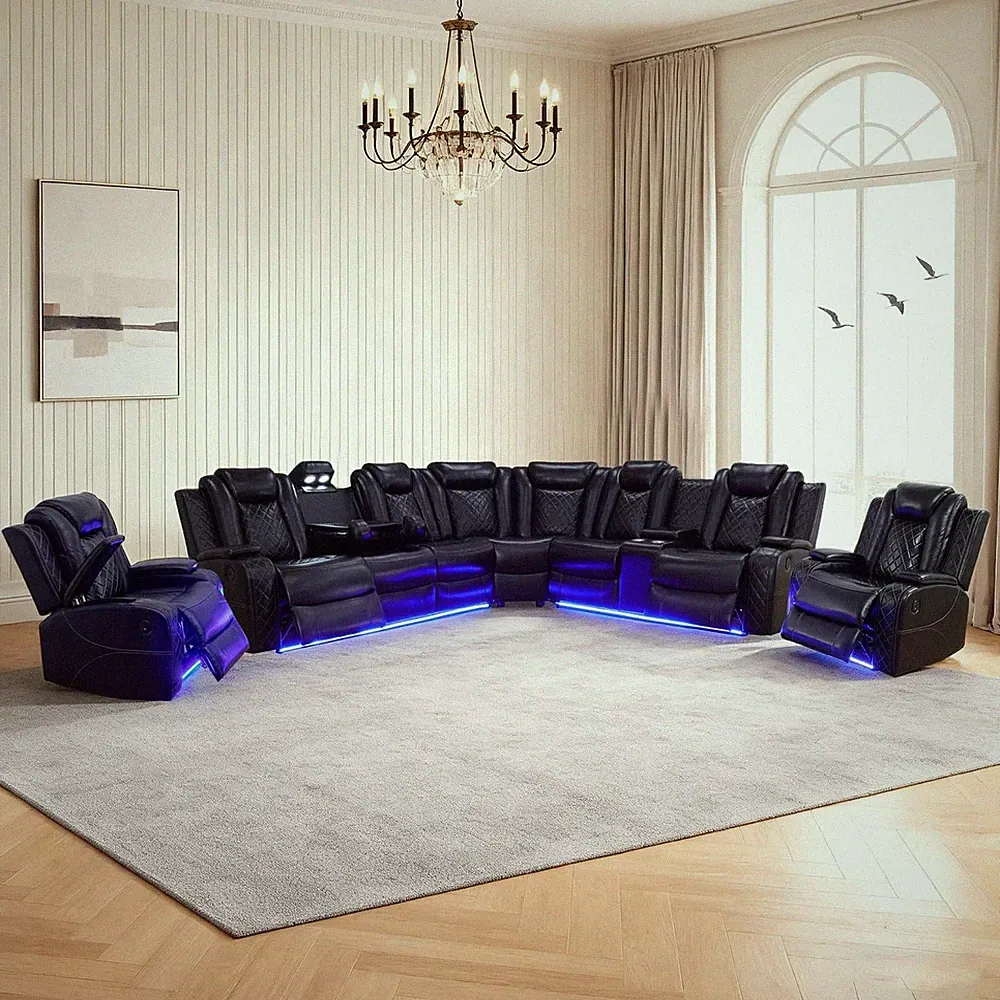 Power Leather Recliner Sectional Sofa Set with LED Lights,L Shaped Reclining Sec