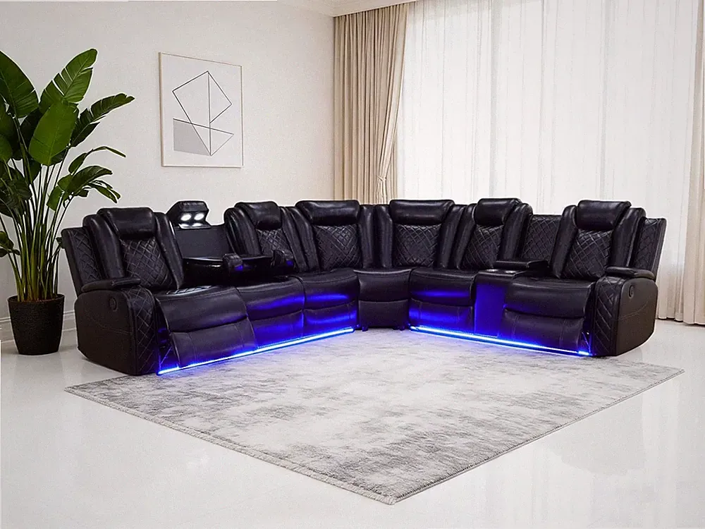 Power Leather Recliner Sectional Sofa with LED Lights,L Shaped Reclining Section