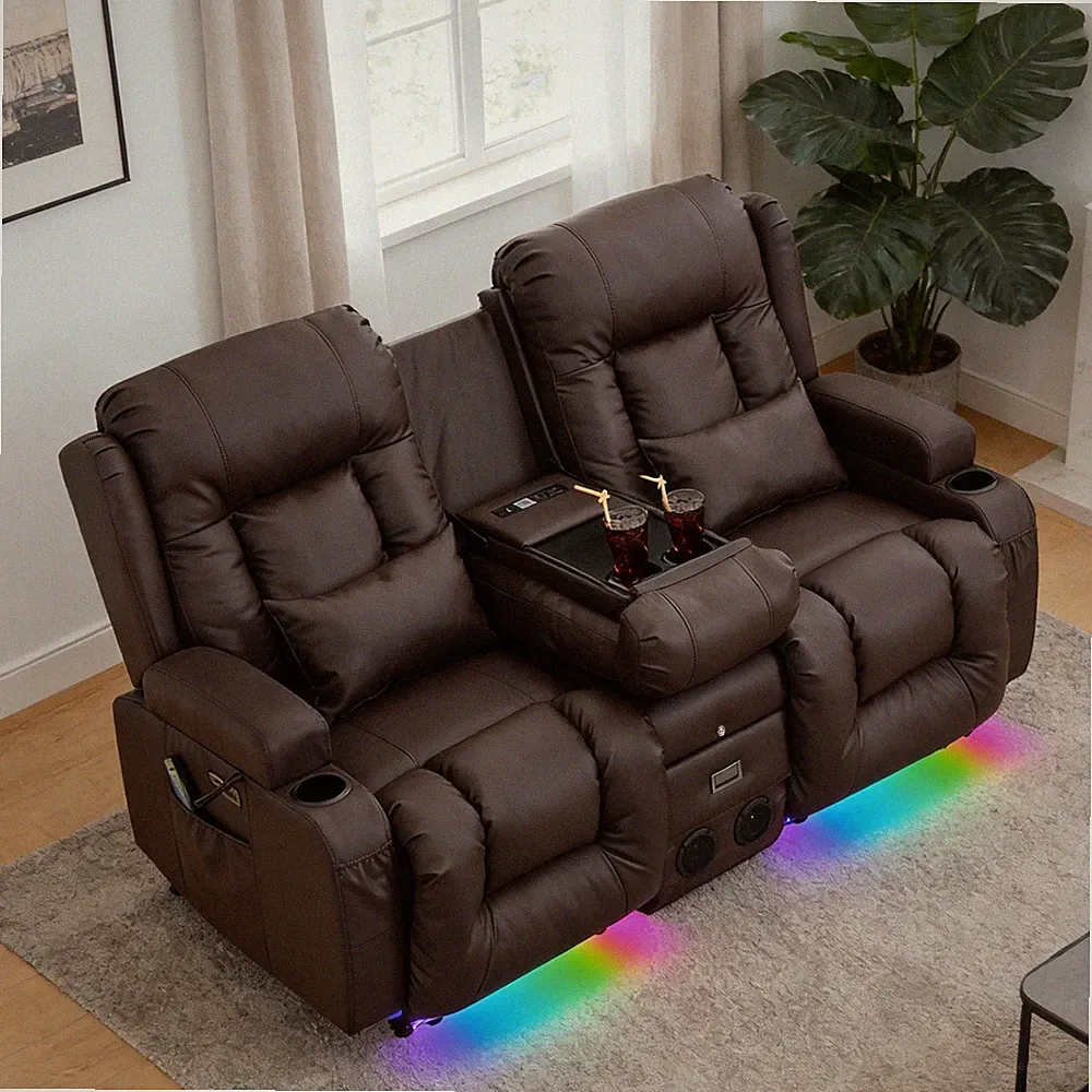 Power Leather Recliner Theater Seats Loveseat w/Massage&Heat Bluetooth Speakers